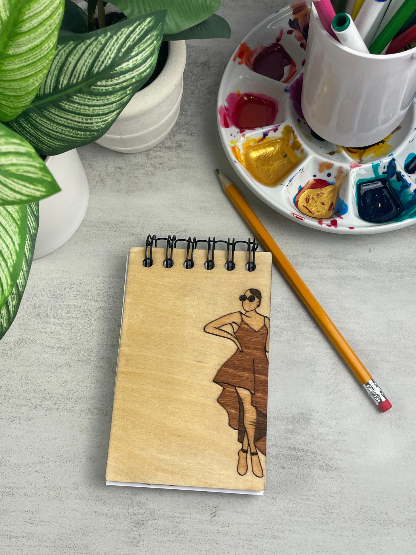 Handcrafted Wooden Notepad: Hand-Stained Confident and Unaffected Woman