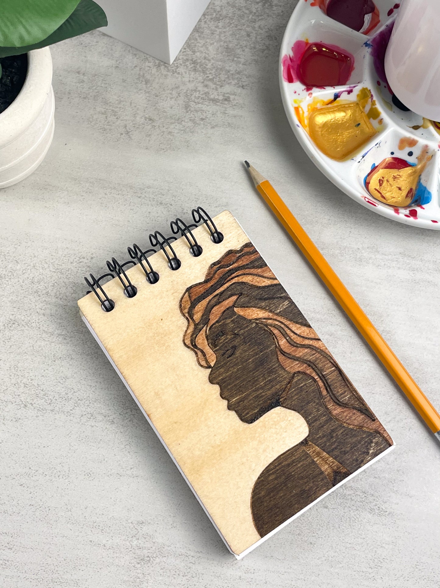 Handcrafted Wooden Notepad: Handstained woman in thought