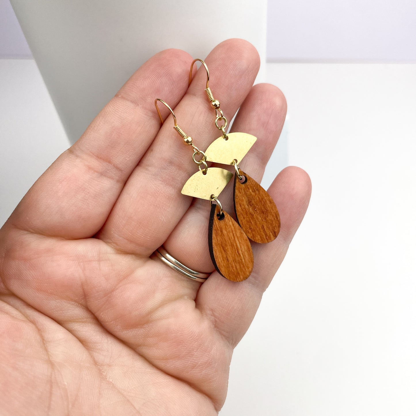 Brass and Wood Tear Drop Earrings