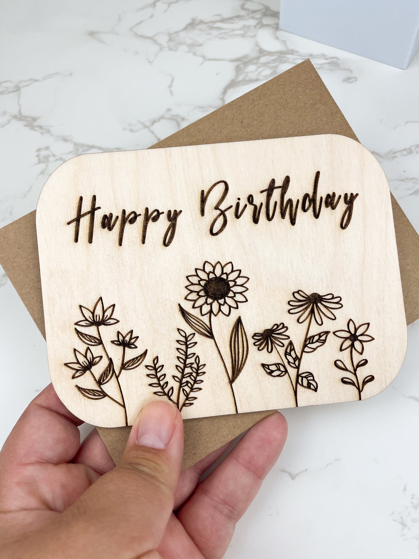 Wooden Greeting Card: Floral Happy Birthday Card