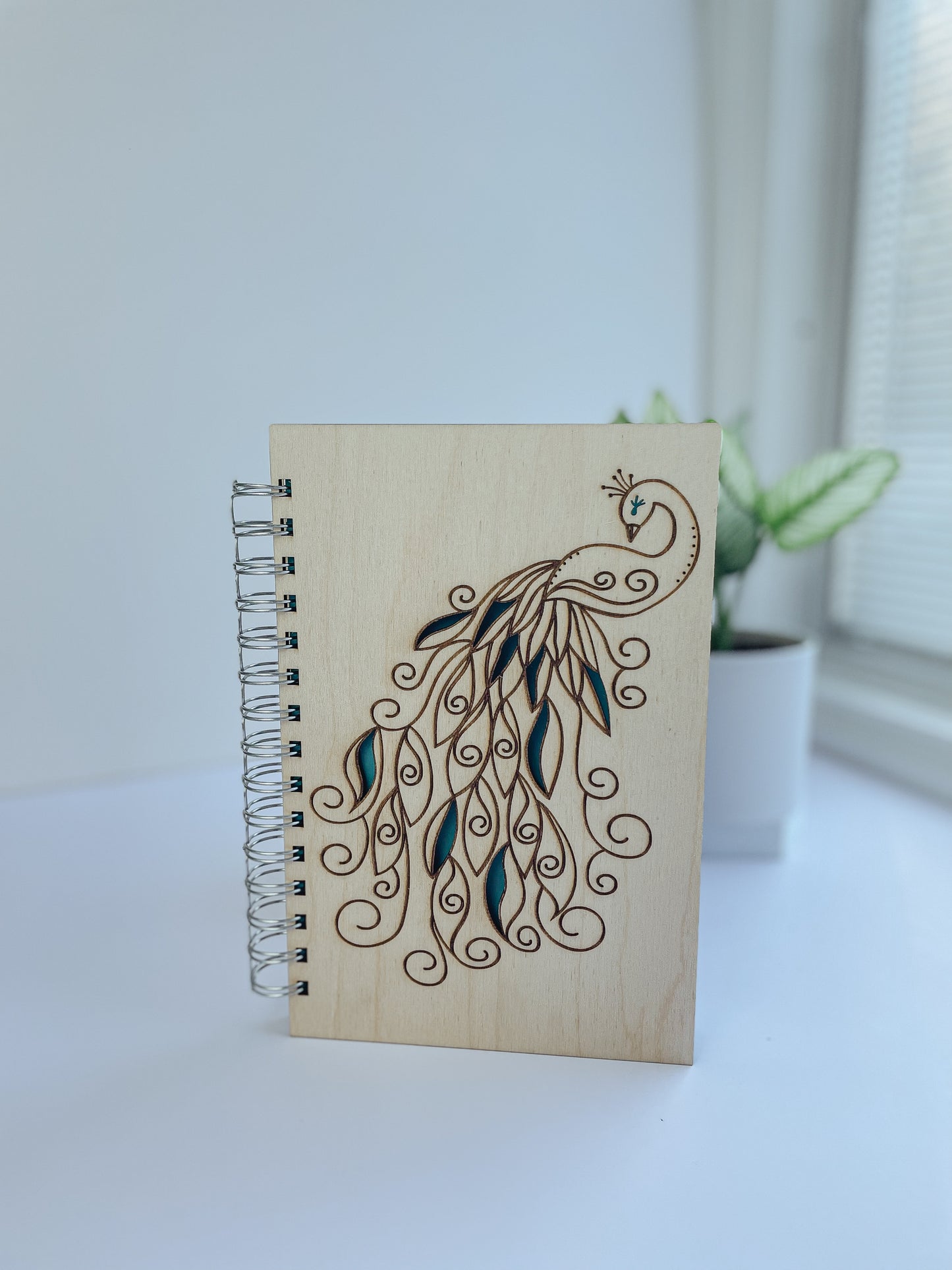 Beautiful Teal Feathered Peacock | Wooden Journal