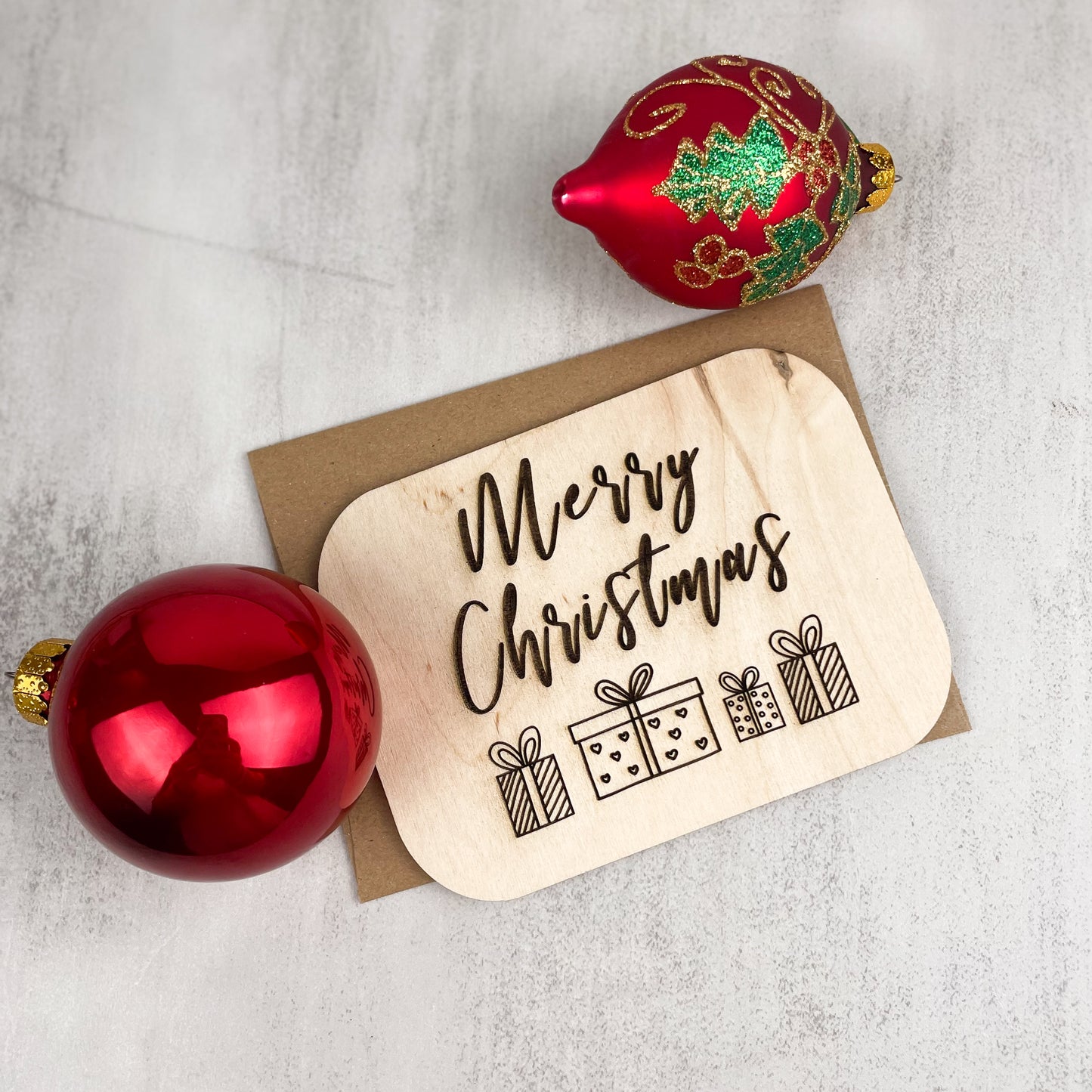 Wooden Greeting Card: Merry Christmas with Presents