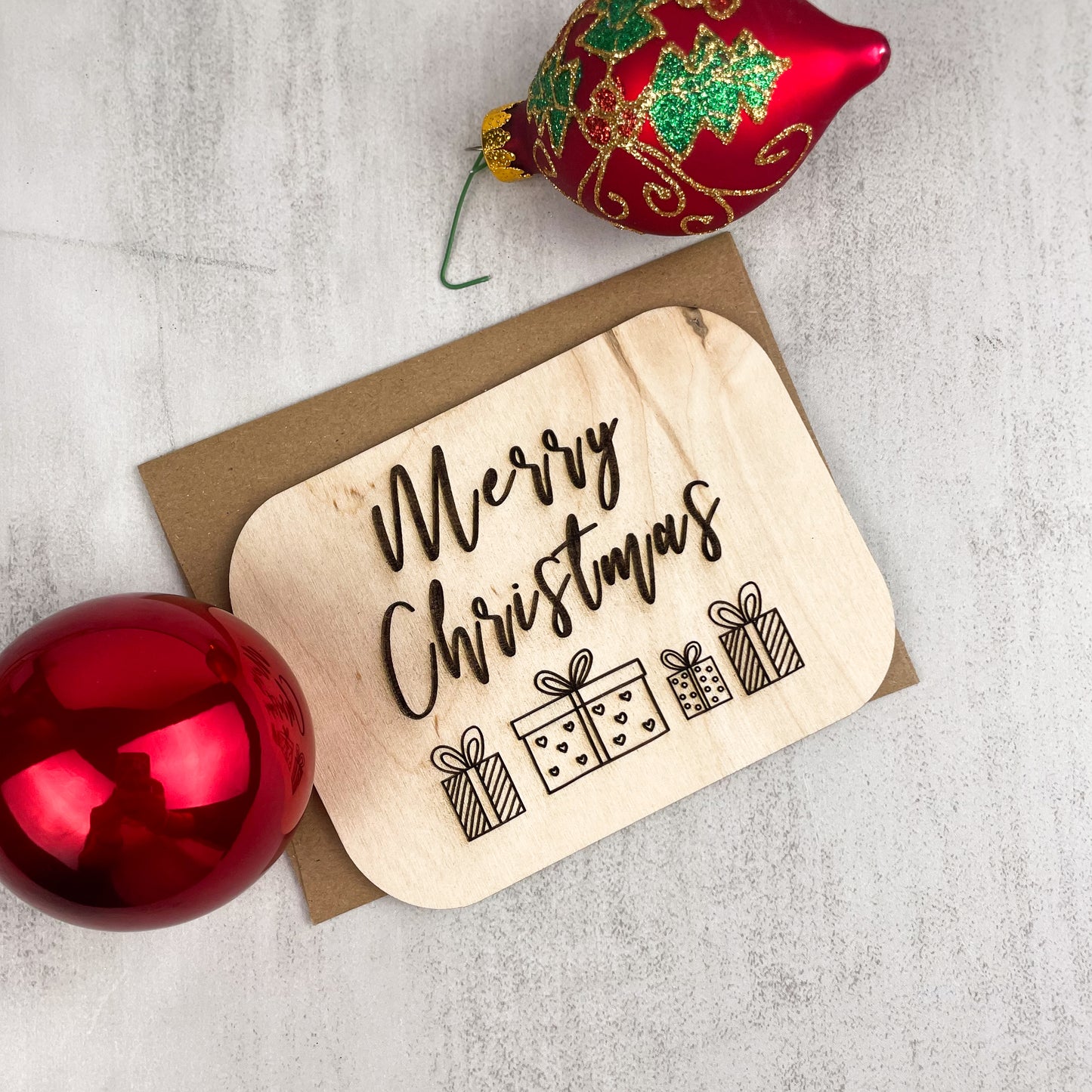 Wooden Greeting Card: Merry Christmas with Presents