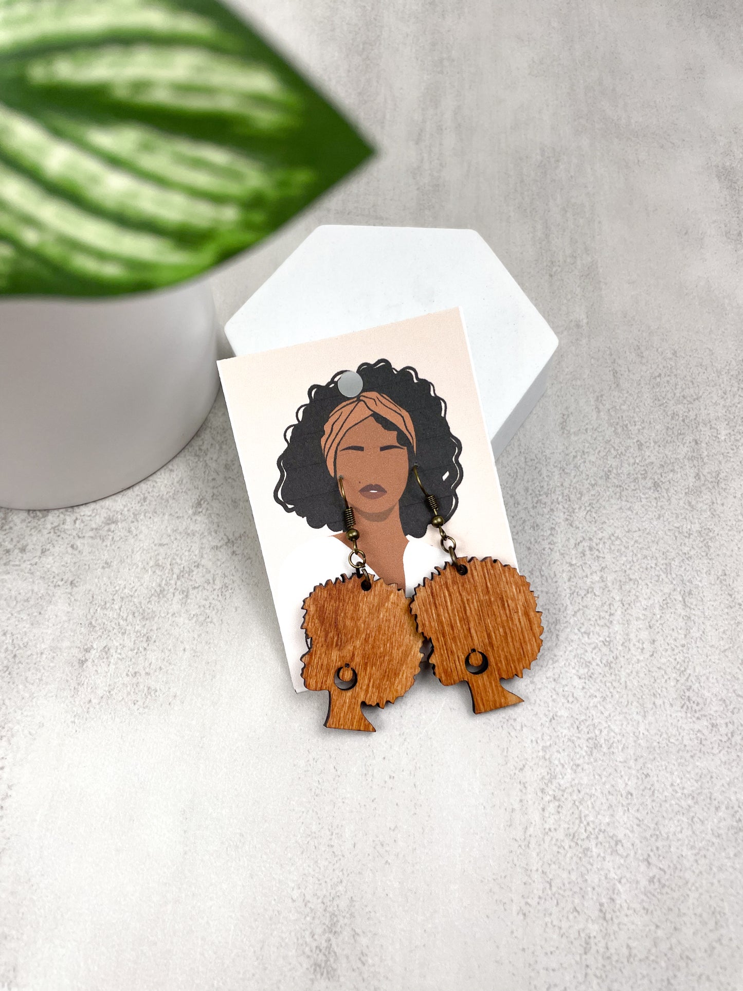 Afro Woman in Stained Wood Earrings