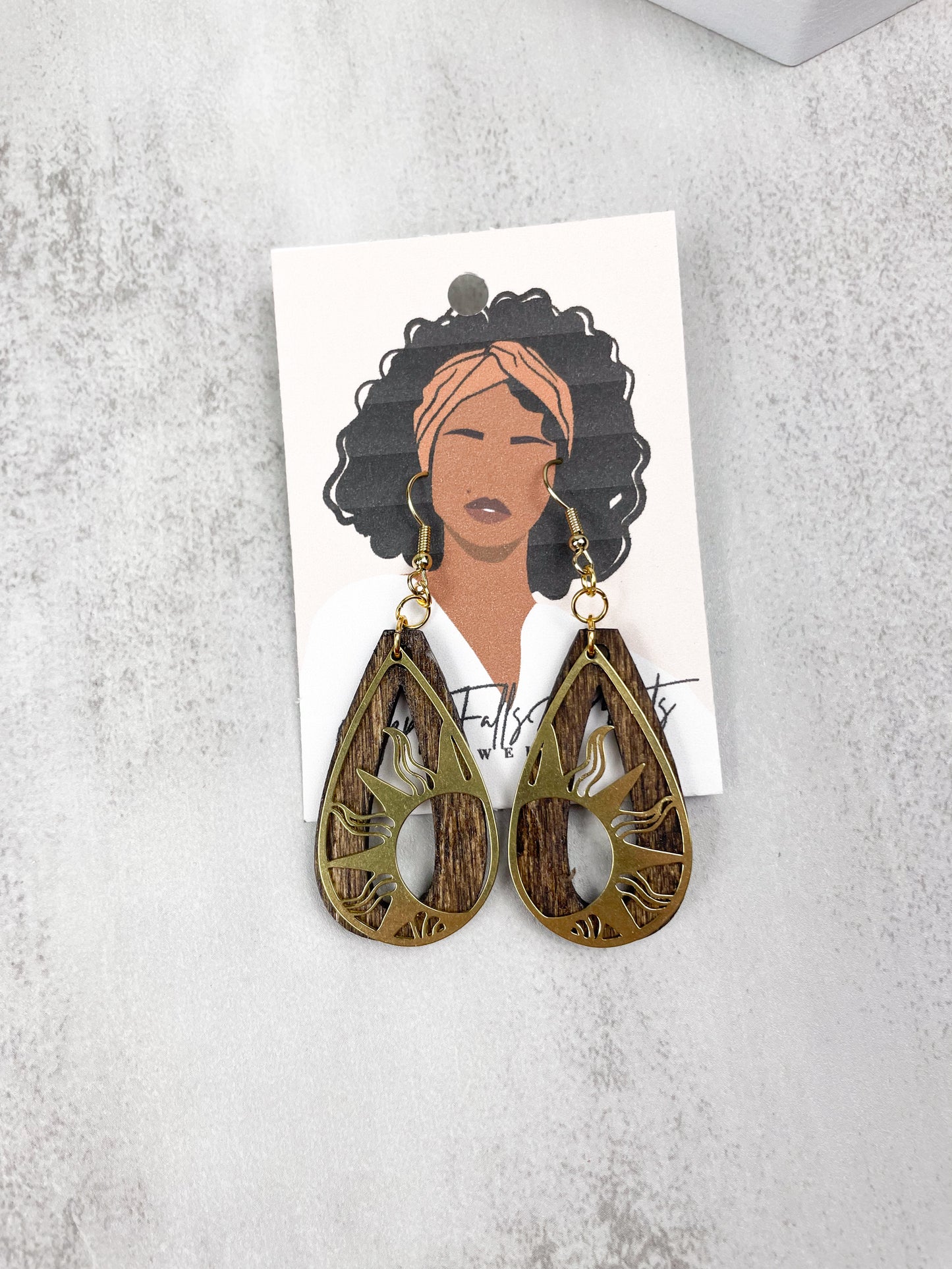 Rising Sun Brass and Wood Earrings