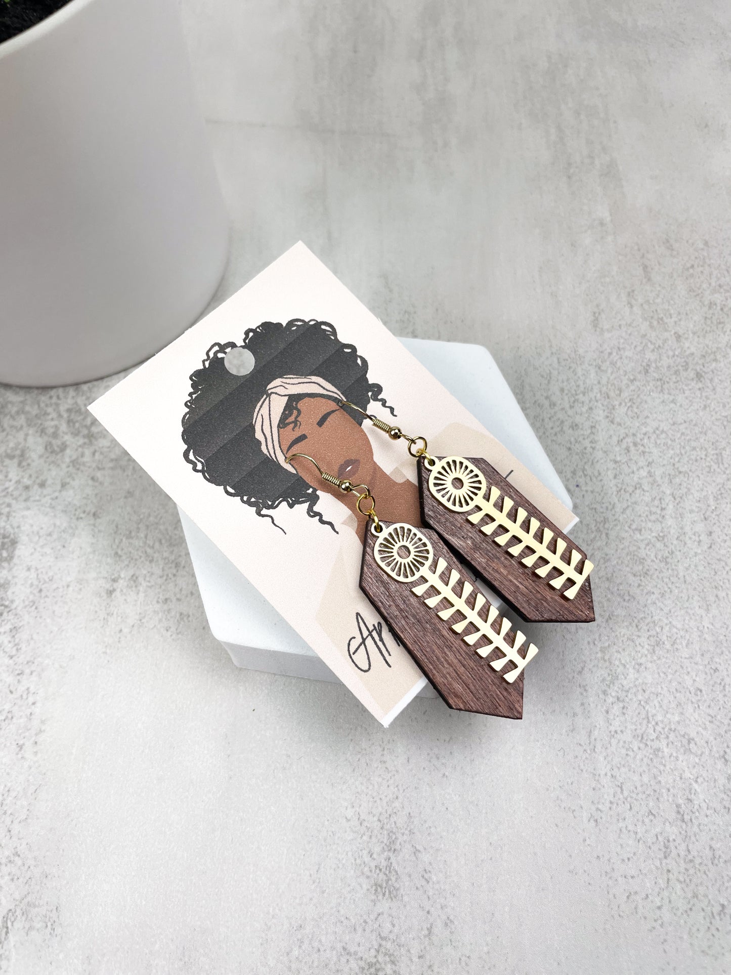 Art Deco Floral and Wood Earrings