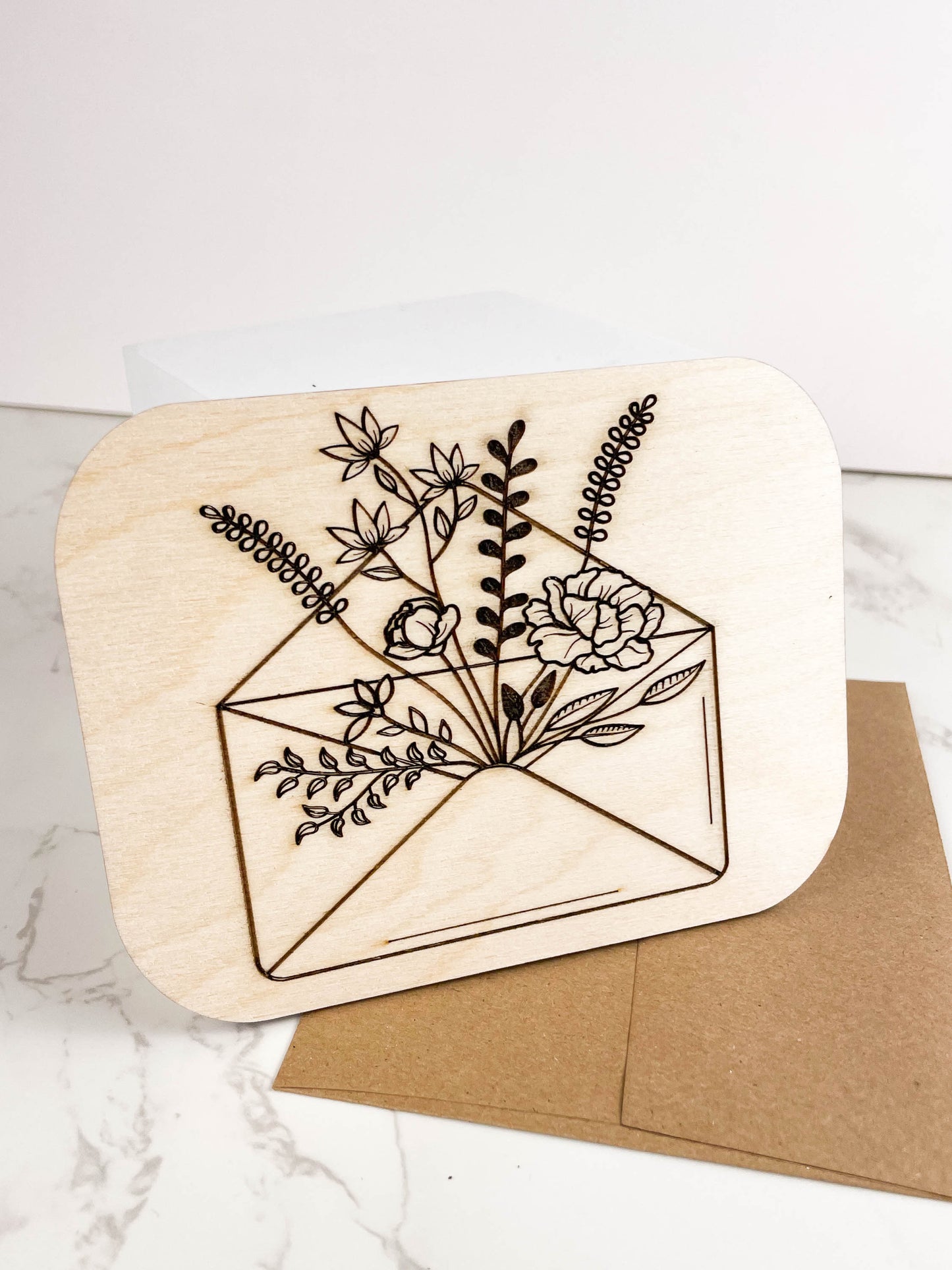 Wooden Greeting Card: Flowers in Envelope