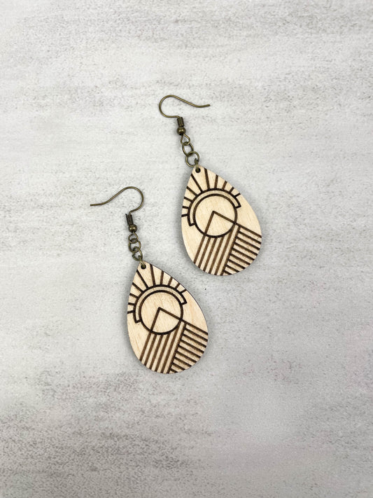 Art Deco Mountain and Sun Wood Earrings