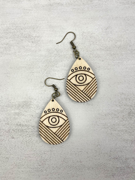 Art Deco Protective Eye Wooden Earrings