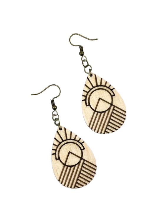 Art Deco Mountain and Sun Wood Earrings