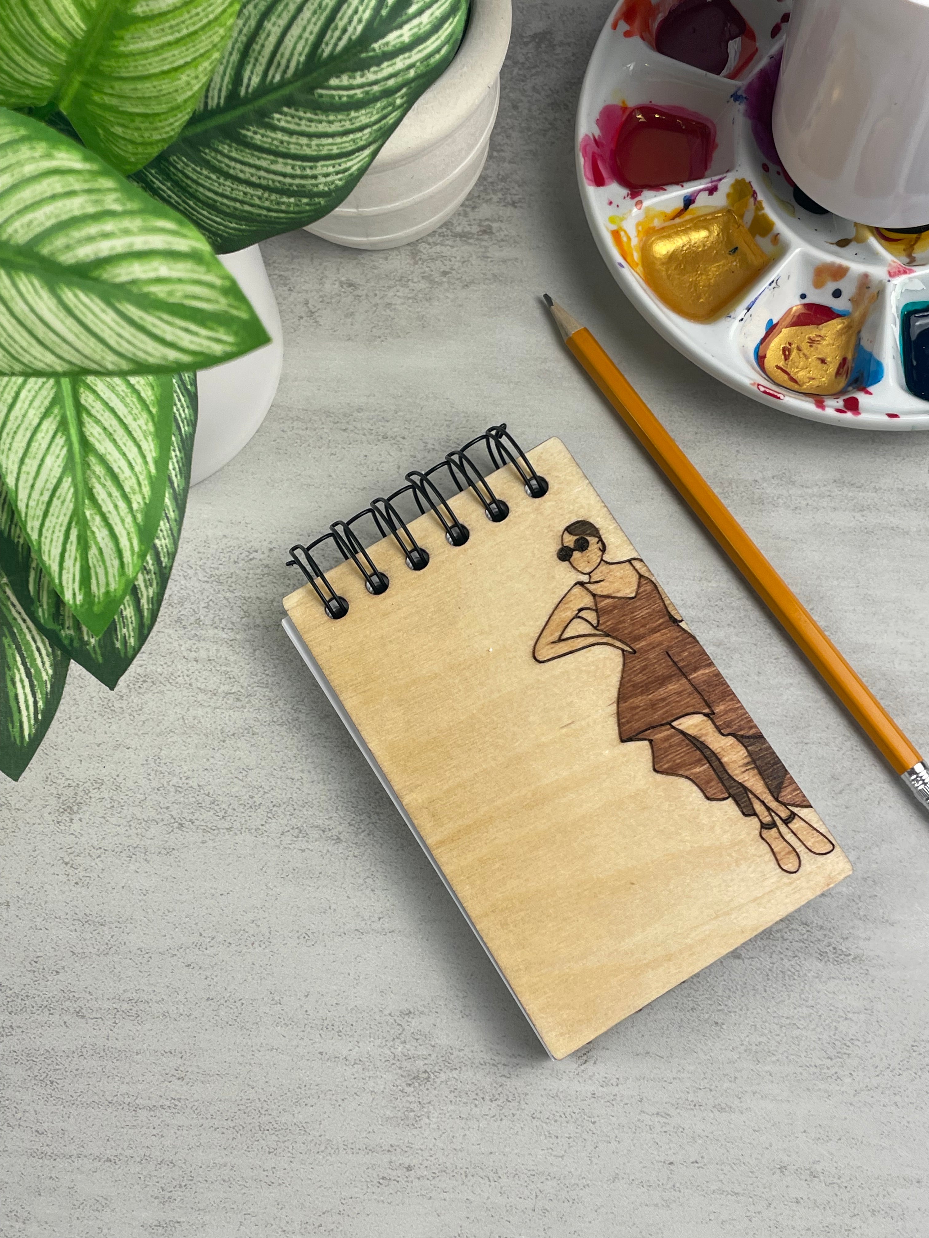 Handcrafted Wooden Notepad: Hand-Stained Confident and Unaffected Woman