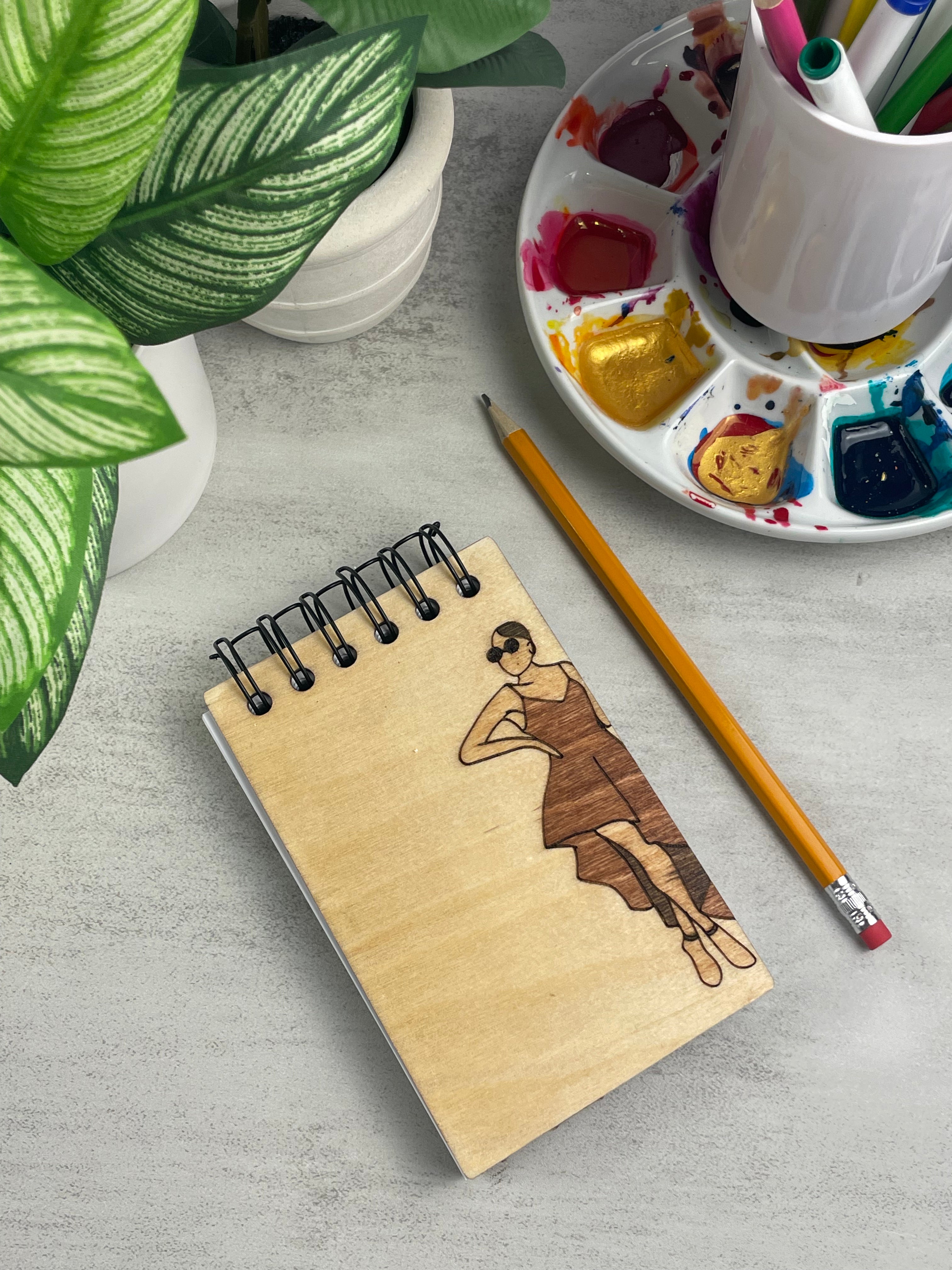 Handcrafted Wooden Notepad: Hand-Stained Confident and Unaffected Woman