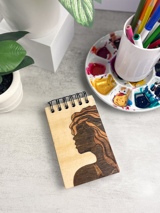 Handcrafted Wooden Notepad: Handstained woman in thought