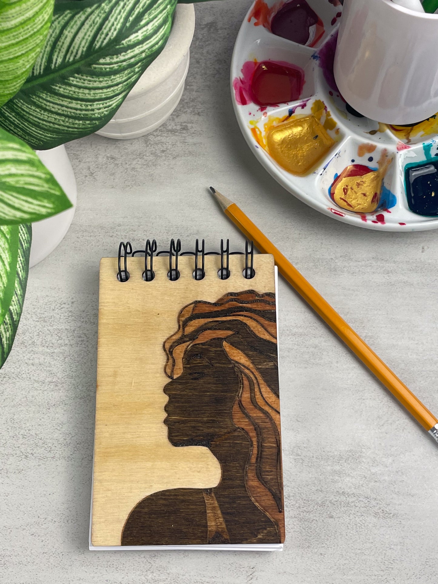 Handcrafted Wooden Notepad: Handstained woman in thought