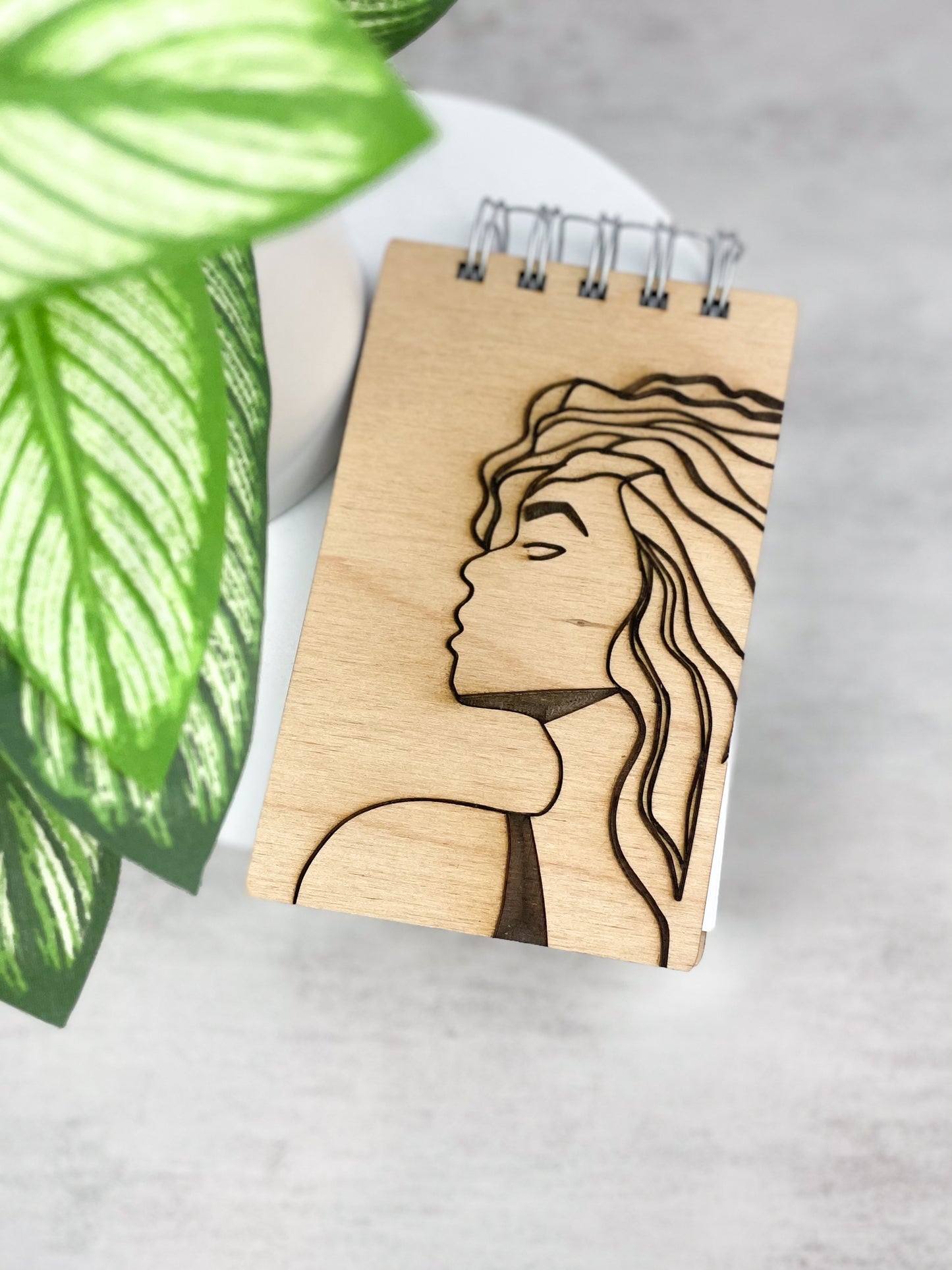 Handcrafted Wooden Notepad: Woman in Thought (Not stained)