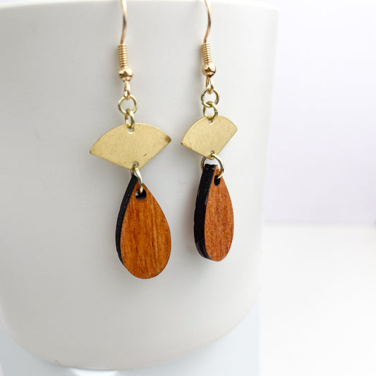 Brass and Wood Tear Drop Earrings
