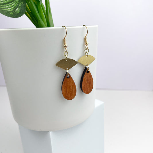 Brass and Wood Tear Drop Earrings