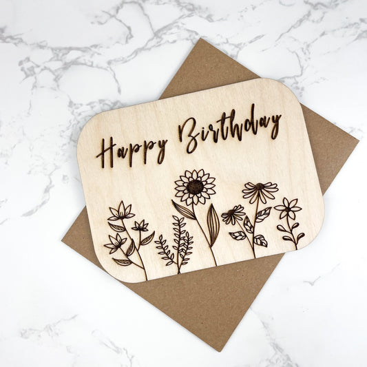 Wooden Greeting Card: Floral Happy Birthday Card