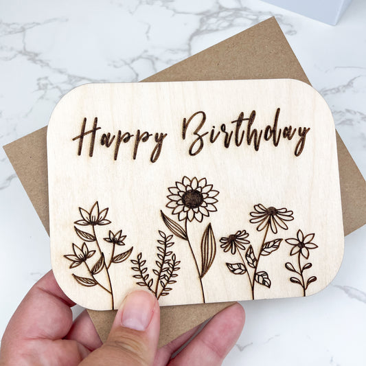 Wooden Greeting Card: Floral Happy Birthday Card