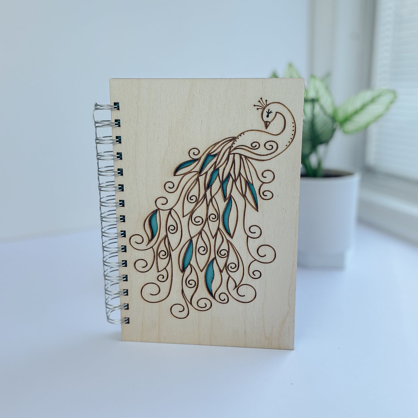Beautiful Teal Feathered Peacock | Wooden Journal