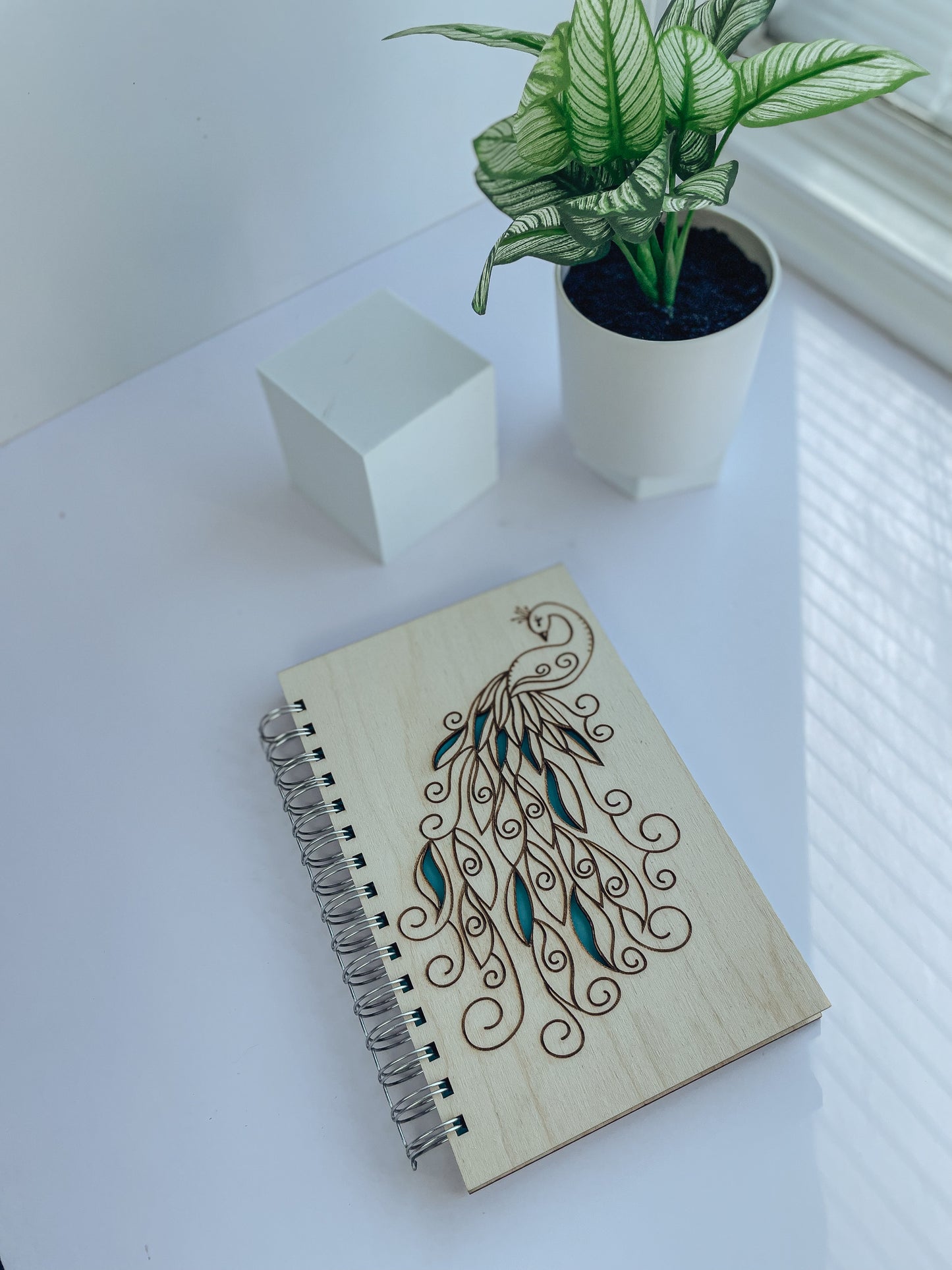 Beautiful Teal Feathered Peacock | Wooden Journal