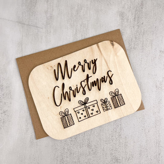 Wooden Greeting Card: Merry Christmas with Presents