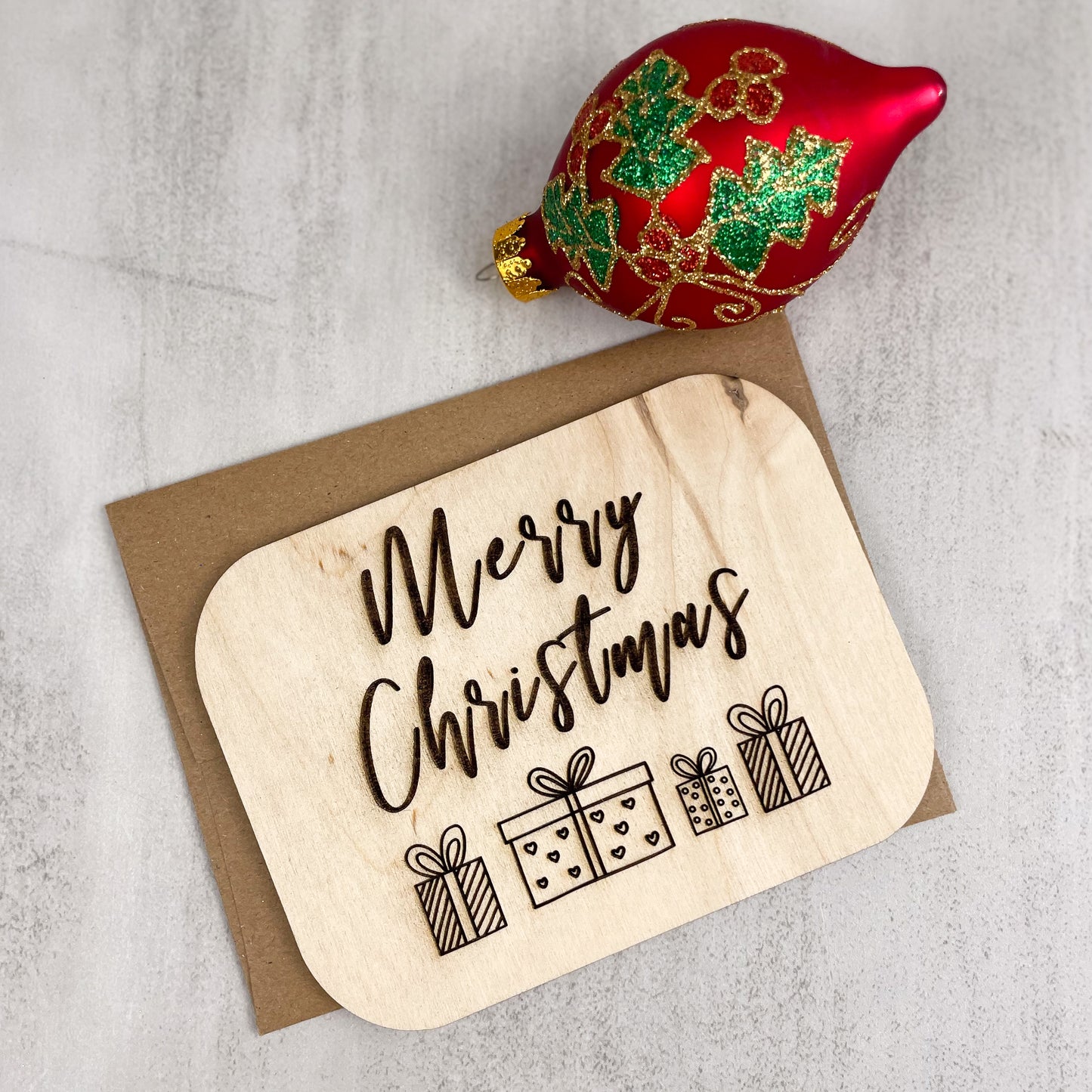 Wooden Greeting Card: Merry Christmas with Presents
