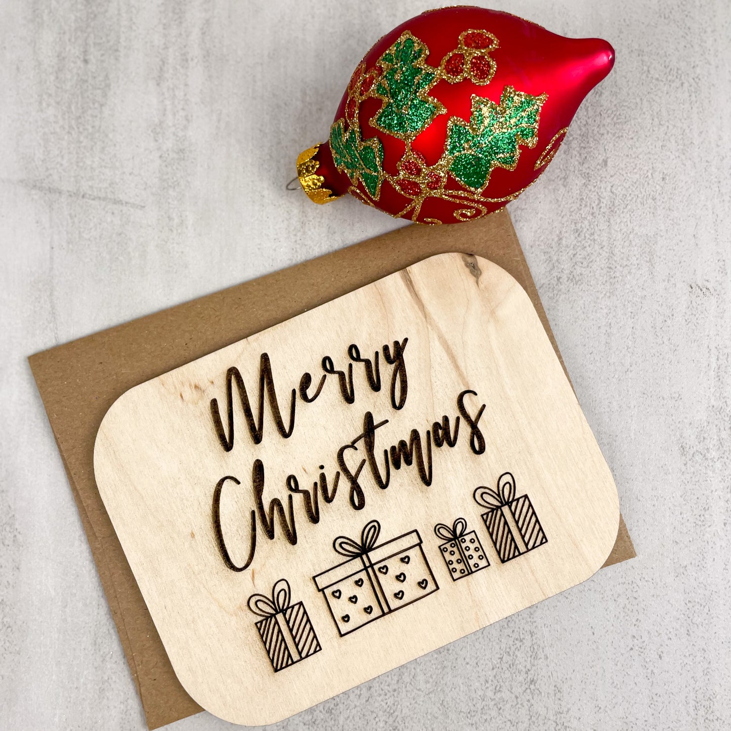 Wooden Greeting Card: Merry Christmas with Presents