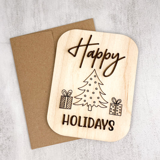 Wooden Greeting Card: Happy Holidays with a Tree