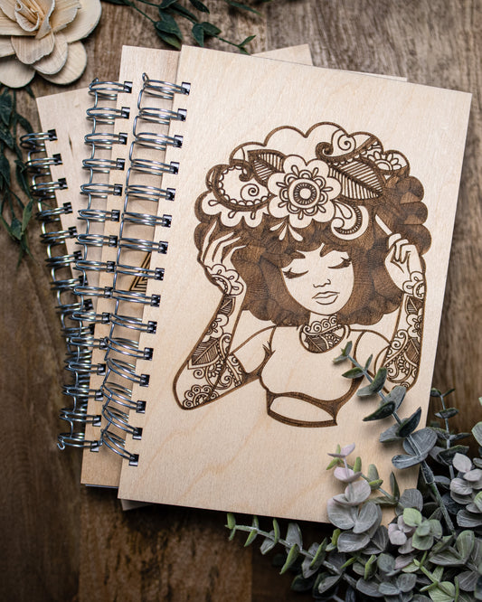 Woman with Mandala Afro and Tattoos | Wooden Laser Cut/Engraved Notebook | Made to Order