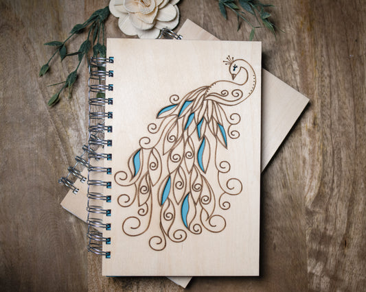 Beautiful Teal Feathered Peacock | Wooden Journal