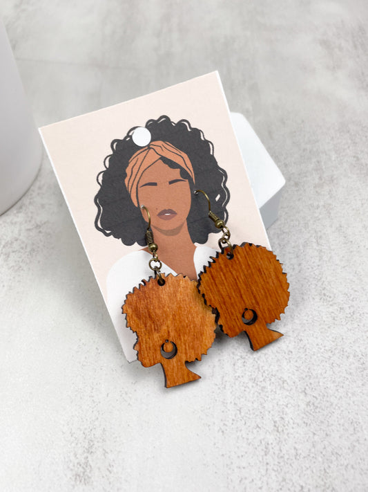 Afro Woman in Stained Wood Earrings