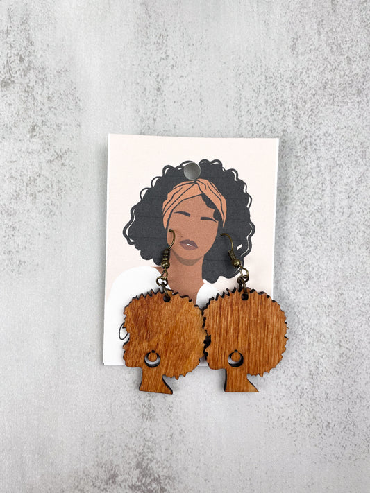 Afro Woman in Stained Wood Earrings