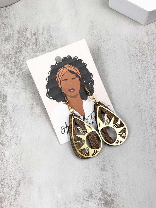 Rising Sun Brass and Wood Earrings