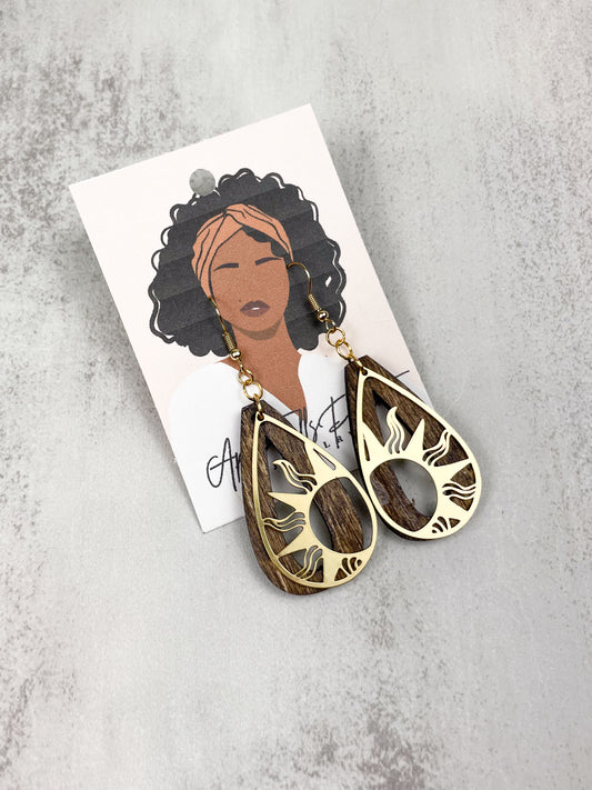 Rising Sun Brass and Wood Earrings