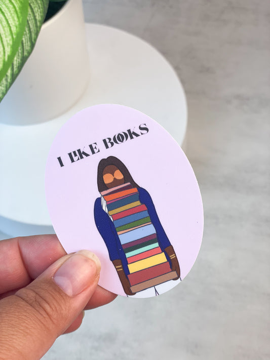 I Like Books Sticker, Brown Girl Carrying Lots of Books