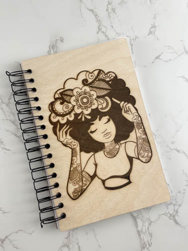 Woman with Mandela Afro and Tattoos | Wooden Laser Cut/Engraved Notebook | Made to Order
