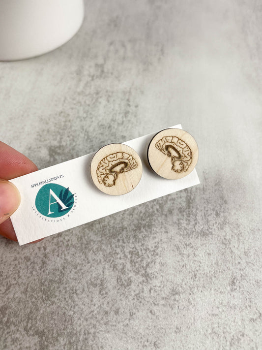 Brain Design Wooden Stud-Science themed Earrings,