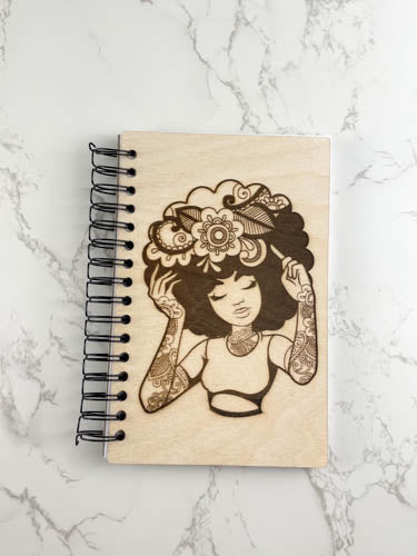Woman with Mandela Afro and Tattoos | Wooden Laser Cut/Engraved Notebook | Made to Order