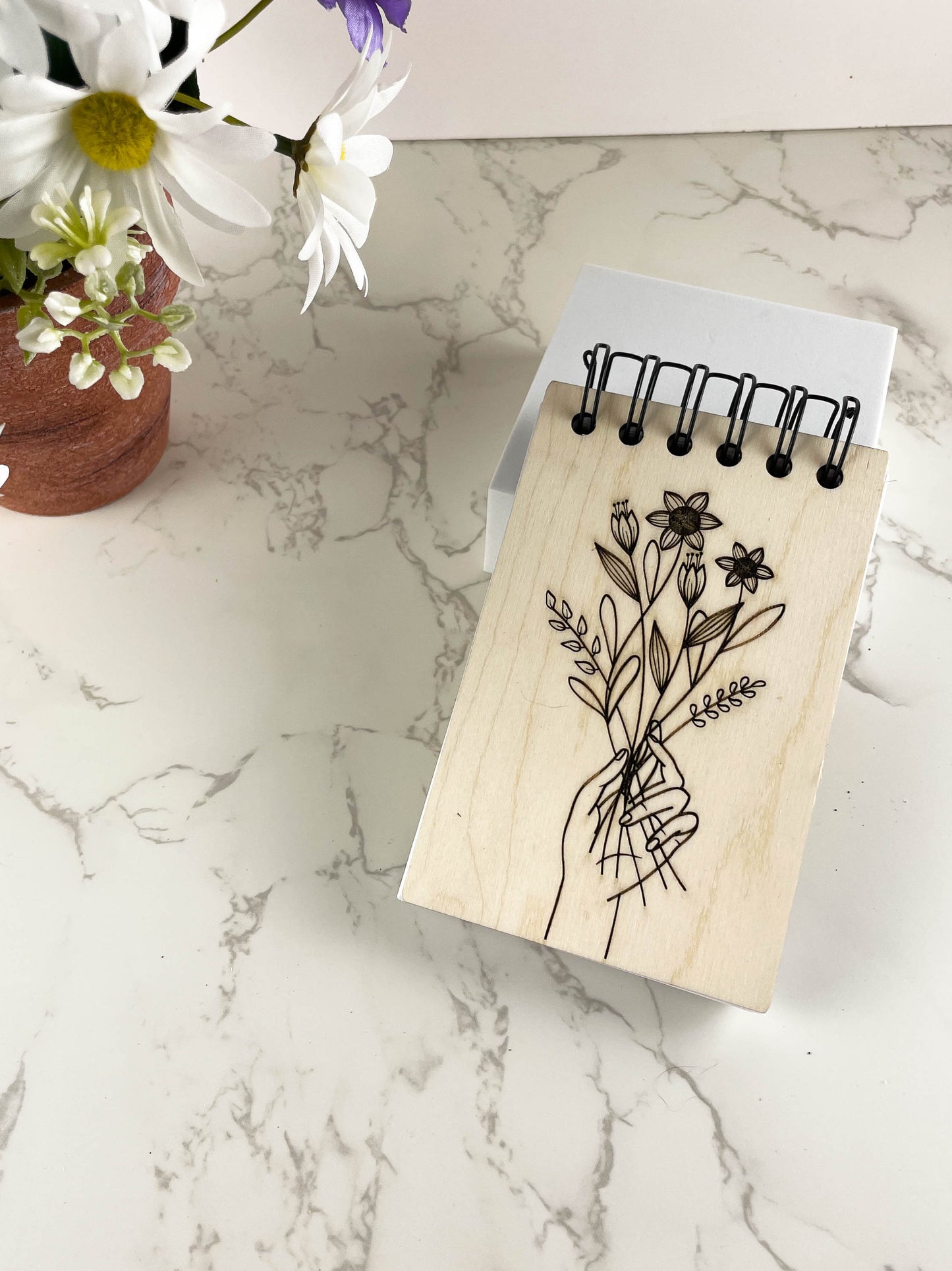 Handcrafted Wooden Notepad: Handpicked Flowers