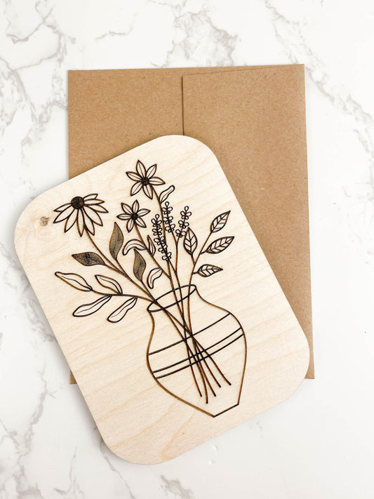 Wooden Greeting Card: Flowers in Vase