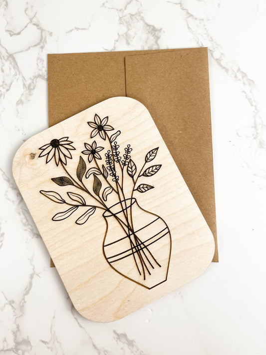 Wooden Greeting Card: Flowers in Vase