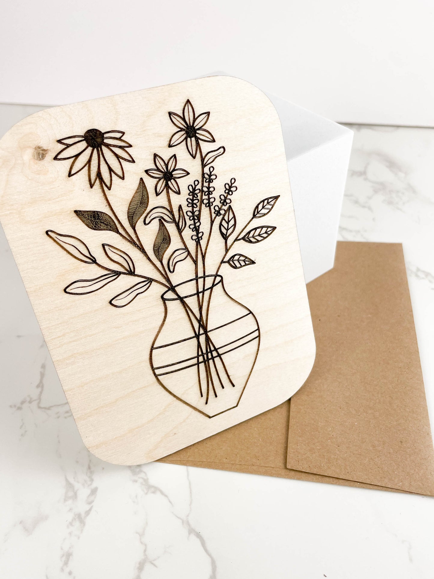 Wooden Greeting Card: Flowers in Vase
