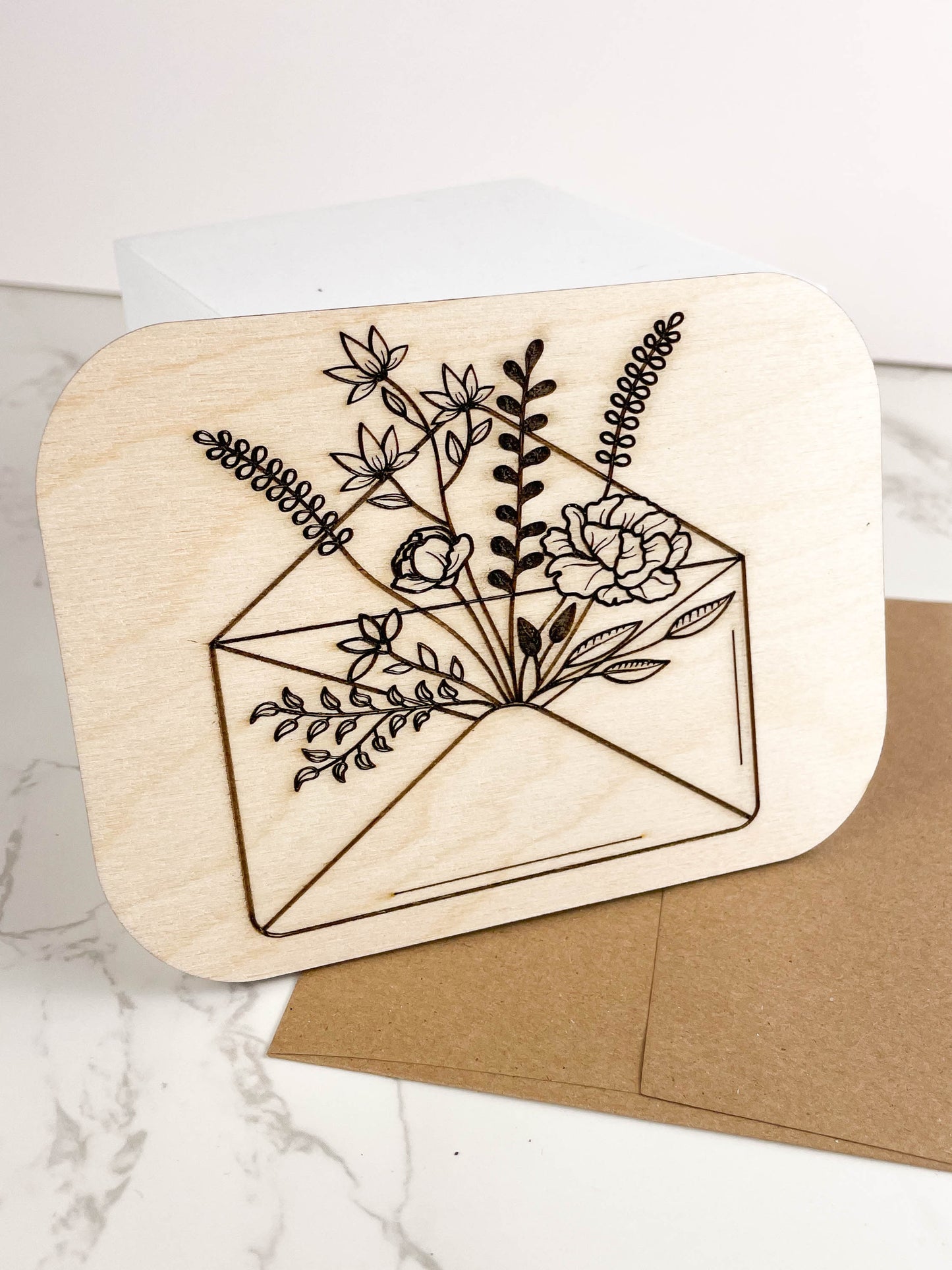 Wooden Greeting Card: Flowers in Envelope