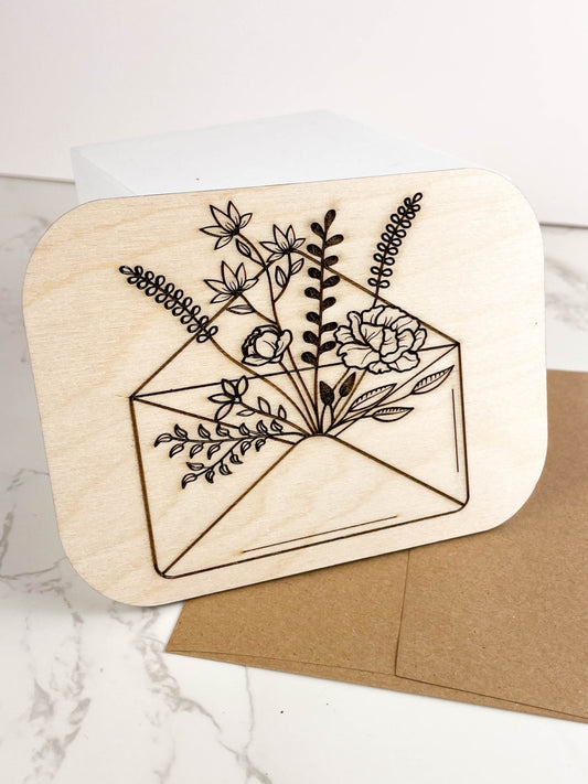 Wooden Greeting Card: Flowers in Envelope