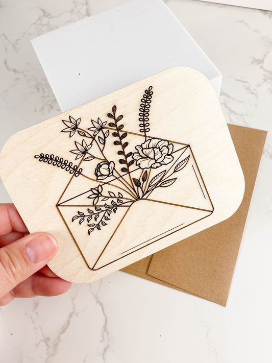 Wooden Greeting Card: Flowers in Envelope