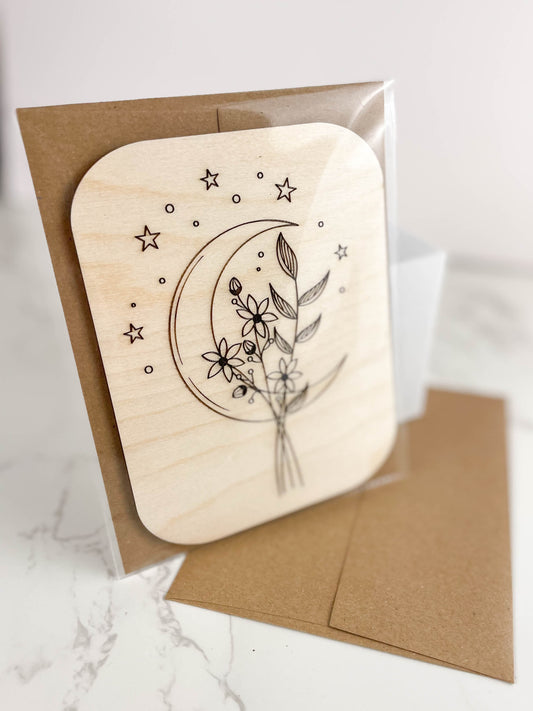 Wooden Greeting Card: Crescent Moon and Flowers