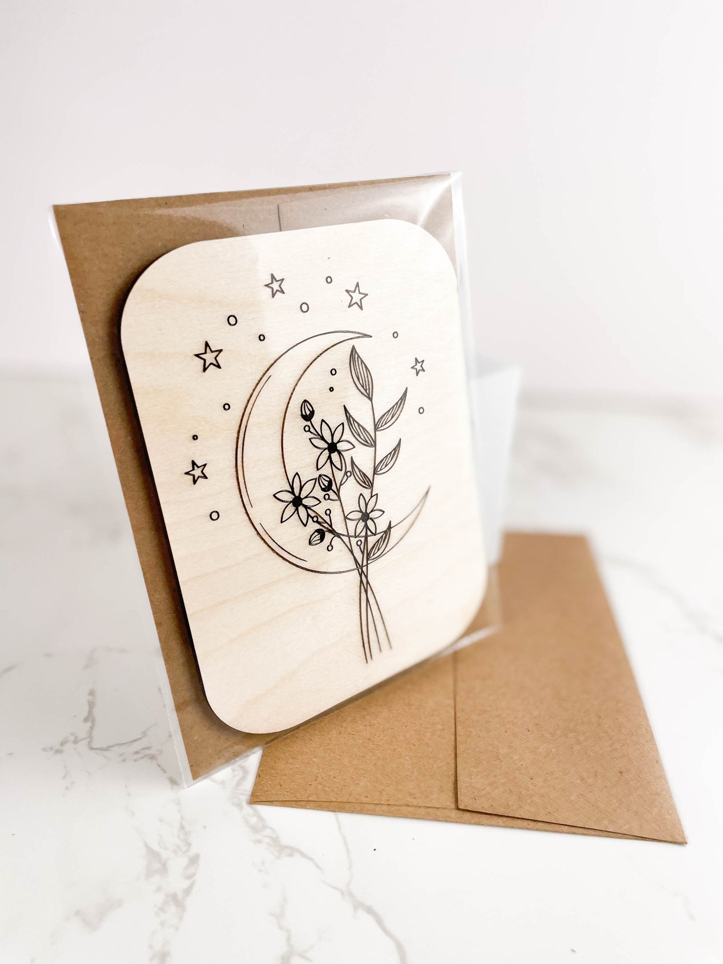Wooden Greeting Card: Crescent Moon and Flowers