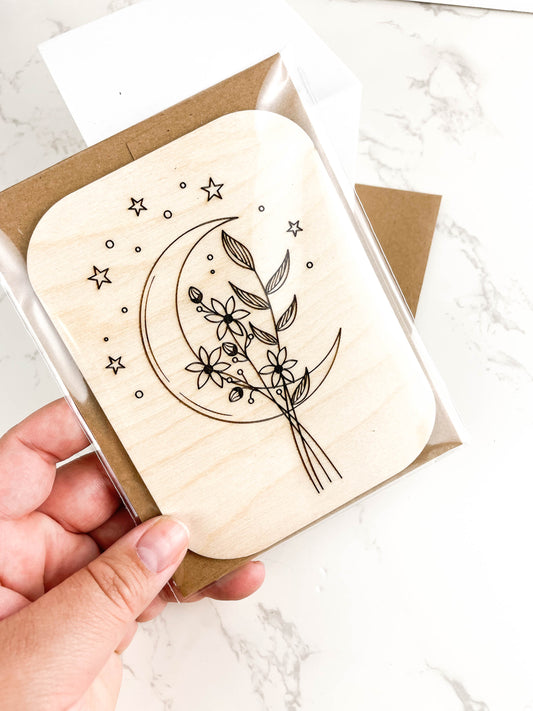 Wooden Greeting Card: Crescent Moon and Flowers